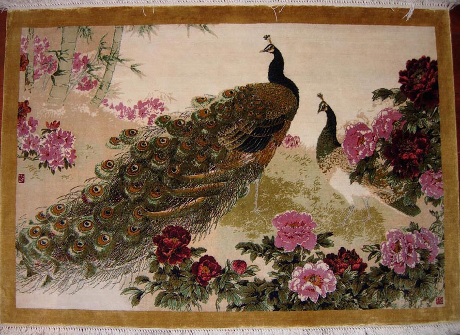孔雀牡丹图真丝艺术挂毯