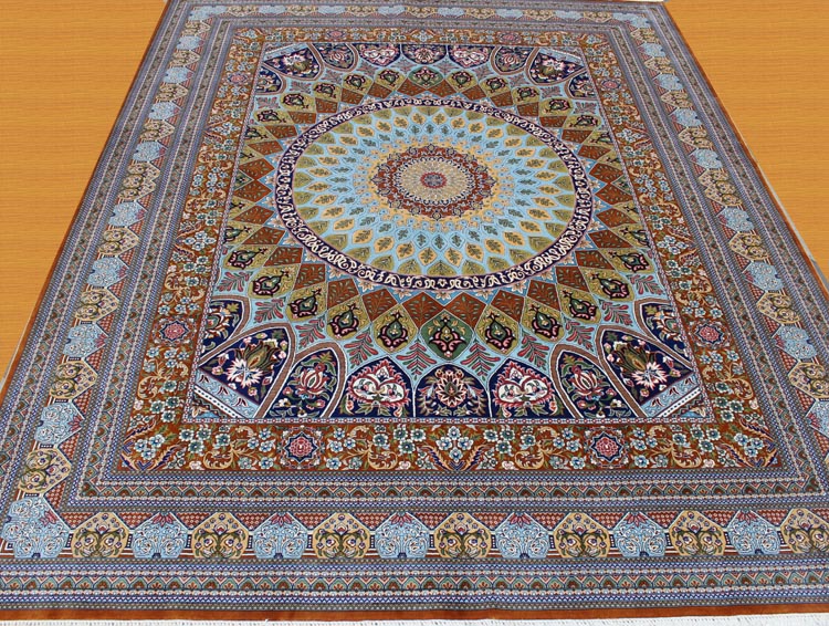 yellow brown color silk rug