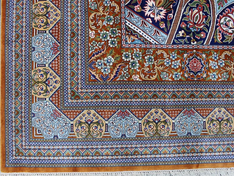  light blue border of hand-knotted  silk rug